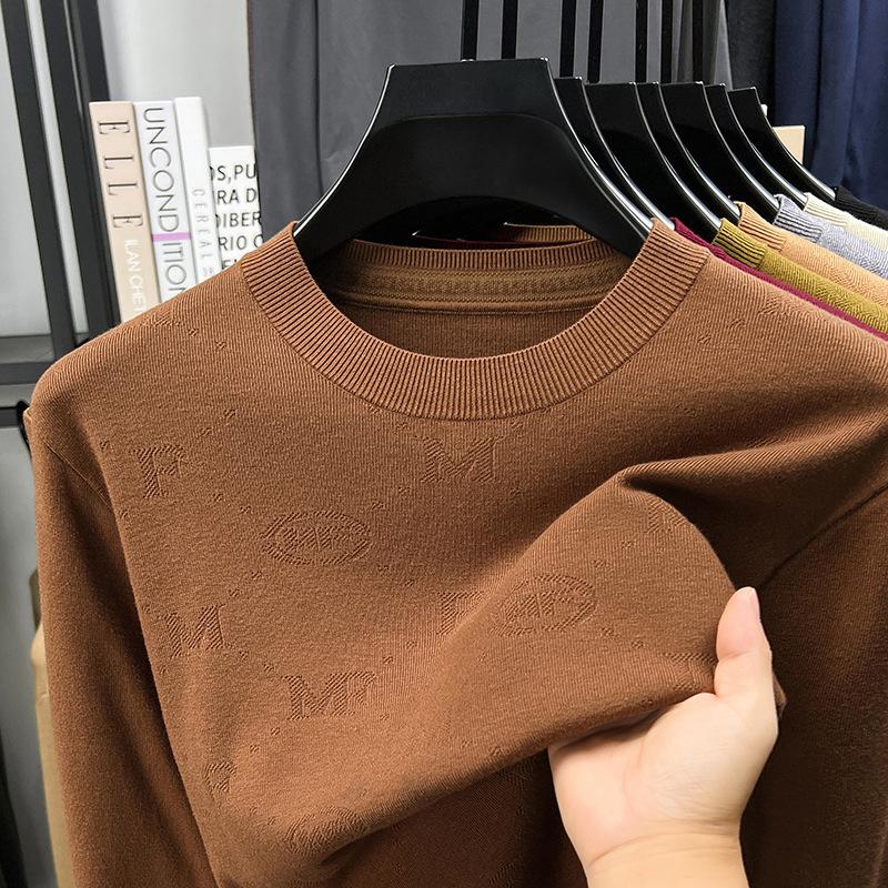 New Autumn And Winter Men'S Sweater Solid Color Round Neck Jacquard Casual Fashionable Simple Knitwear Base Sweater Top