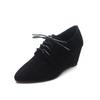 Pointed wedge heel women's shoes new black sheepskin lace-up single shoes simple personality comfortable high heels