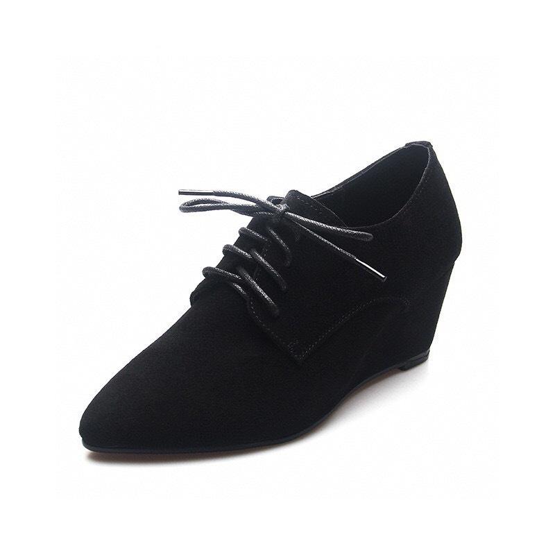 Pointed wedge heel women's shoes new black sheepskin lace-up single shoes simple personality comfortable high heels