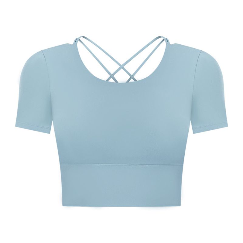 Original Open Back Yoga Jacket Short Sleeve Tight Sports T-shirt with Chest Pad Women's Quick-Drying Running Fitness Clothes Summer
