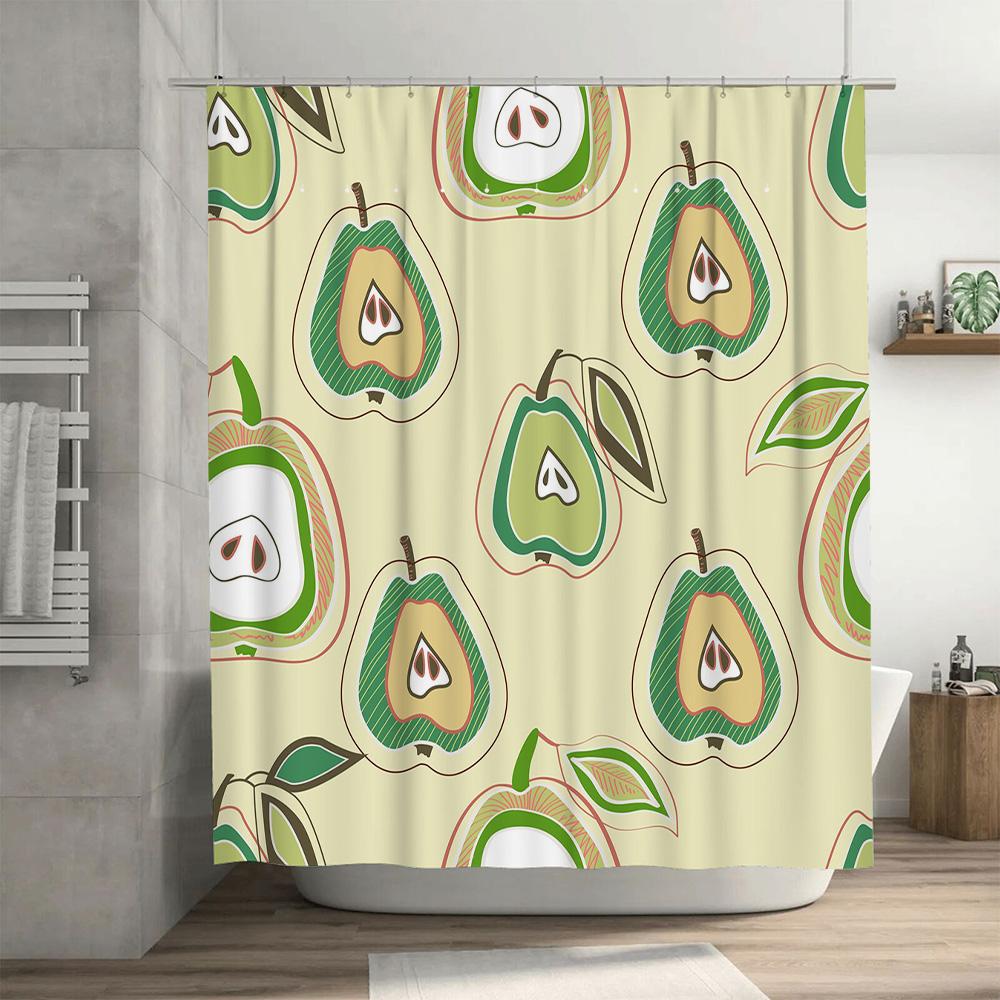 Fruit Pattern Shower Curtain SetModern Bath Decor with Pear Design Green Cream Colors (60 X 72) [Product CodeQ1458]