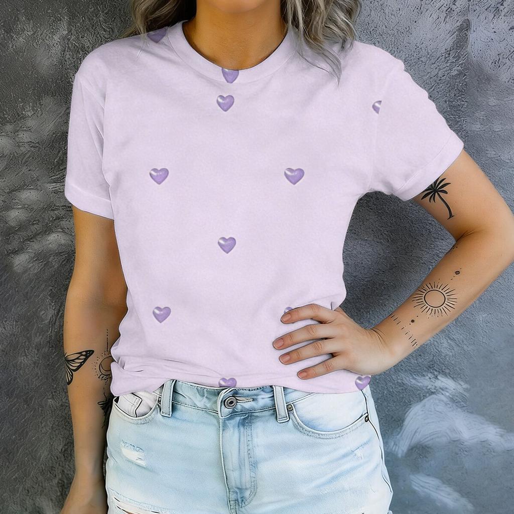 Simple and Personalized Heart Printed Short Sleeved Round Neck T-shirt for Women's Summer Casual Fashion Versatile Daily Top