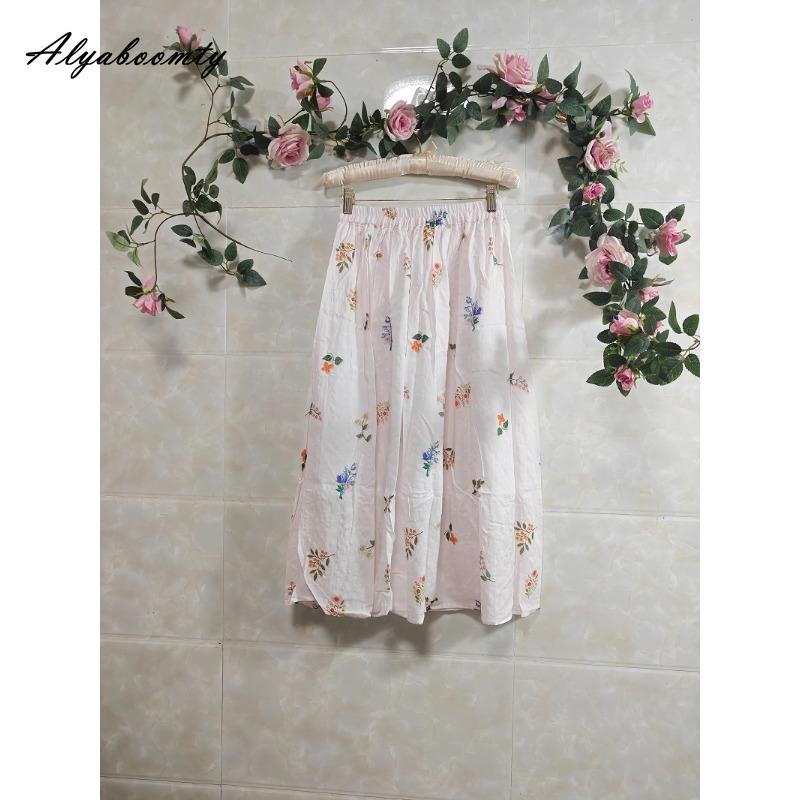 Prairie Chic Spring Summer Women Midi Skirt Elastic Waist Light Pink Floral Print A-Line Skirt Elegant Feminine Sweet Skirts Womens
