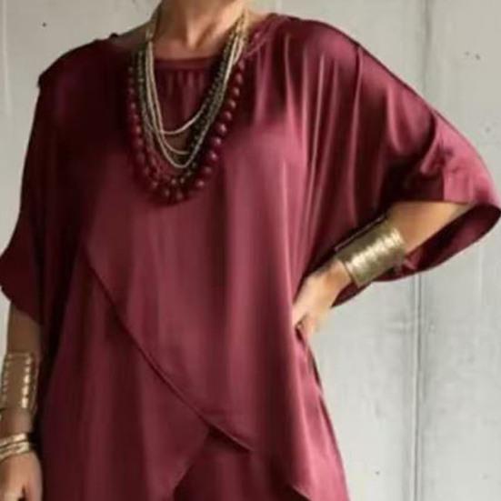 Damen 2-teilige Satin-Outfits Halbarm Asymmetrischer Saum Oberteil Weite Hosen Sets Sommer Lockere Lounge-Sets