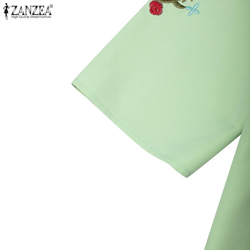 ZANZEA Dame Casual Ståkrage 3/4 Erme Løs Blomsterbroderi Bluse