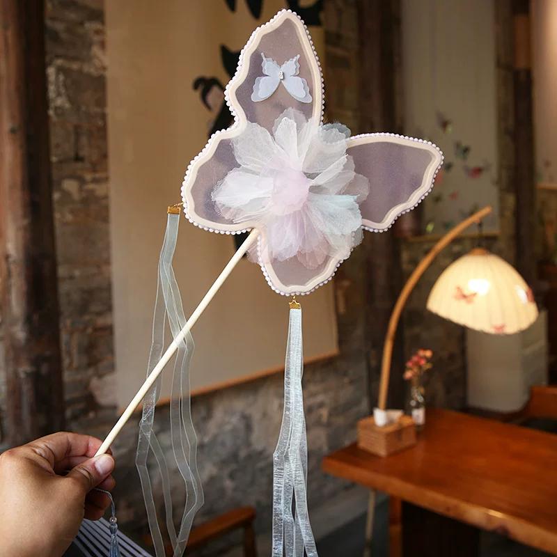 Butterfly Three-Dimensional Flower Mesh Circular Fan Retro Style Long Brush Holder Tassel Photography Dance Temple Fan Female