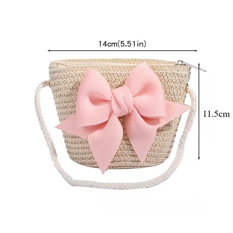 Handmade Woven Crossbody Bag Mini Coin Purse Beach Handbags Cute Bow Straw Shoulder Bags Baby Girls Princess Kids Messenger Bags