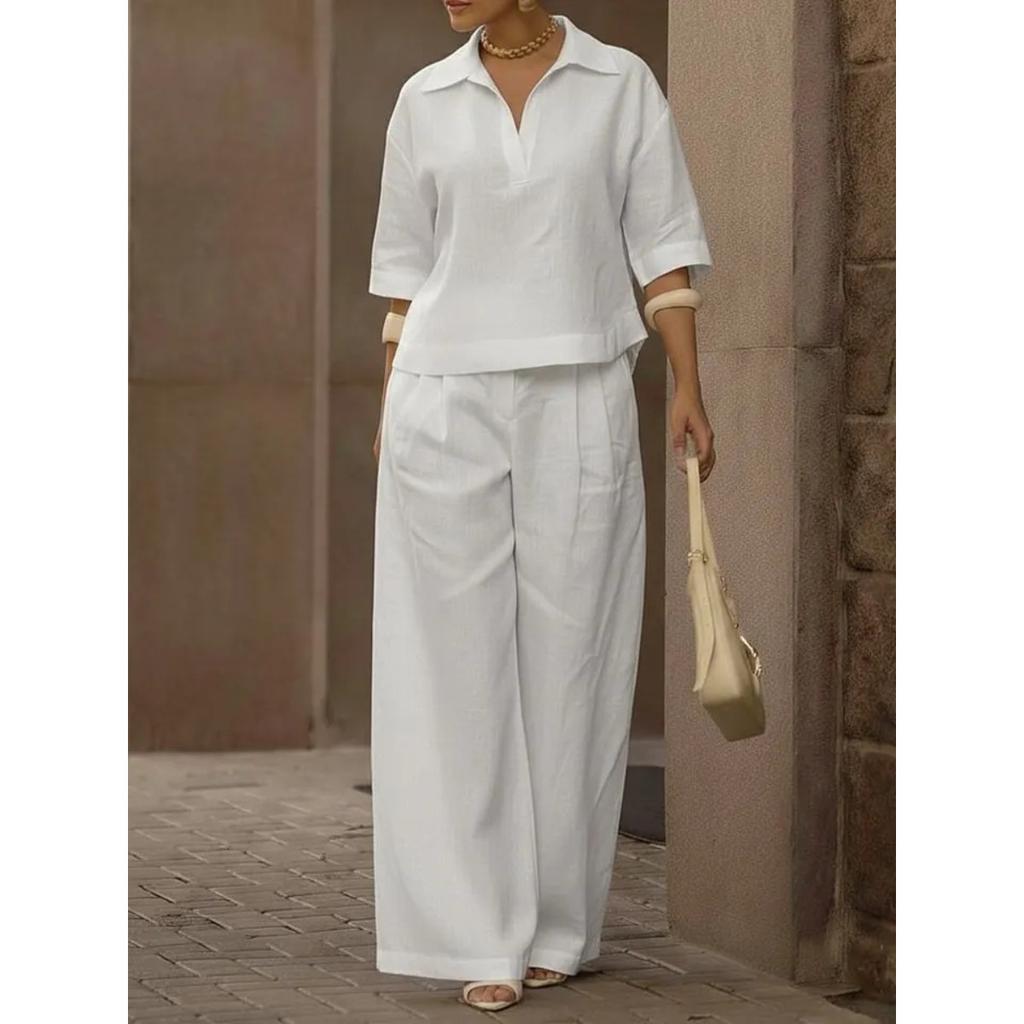 Women's Loose Two Piece Matching Suit Three Quarter Sleeve Polo Collar Blouse High Waist Wide Leg Pant Set