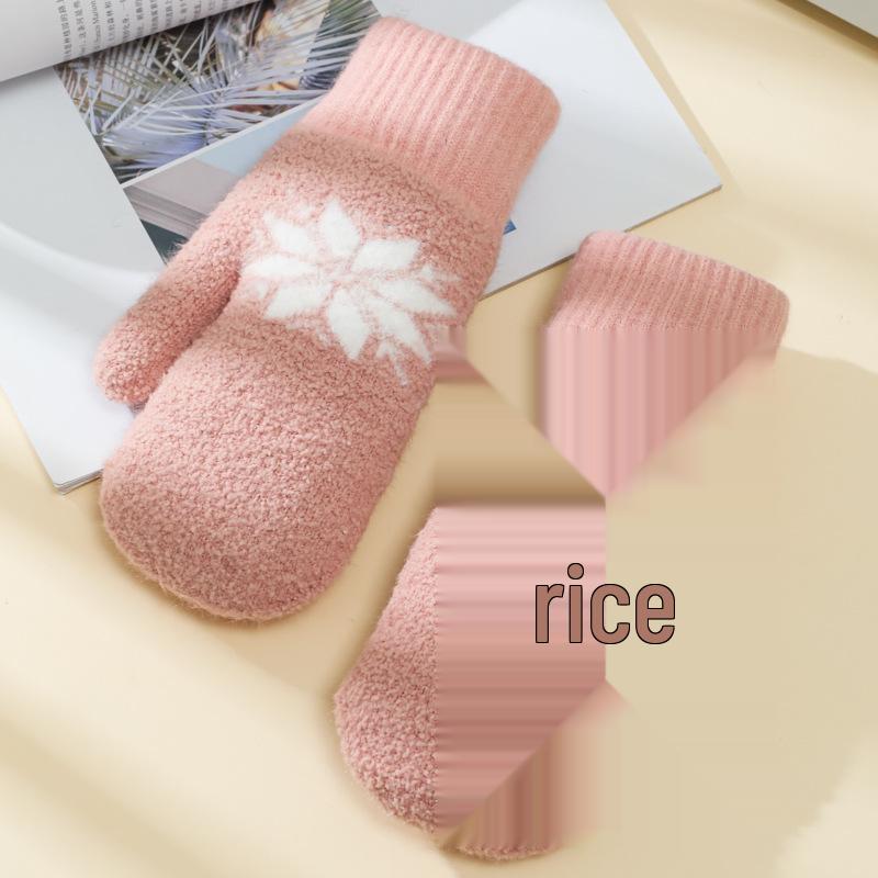 Korean-Style Cute Snowflake Lamb Wool Fingerless Winter Gloves: Thick, Warm, Double-Layered Mittens for Students.