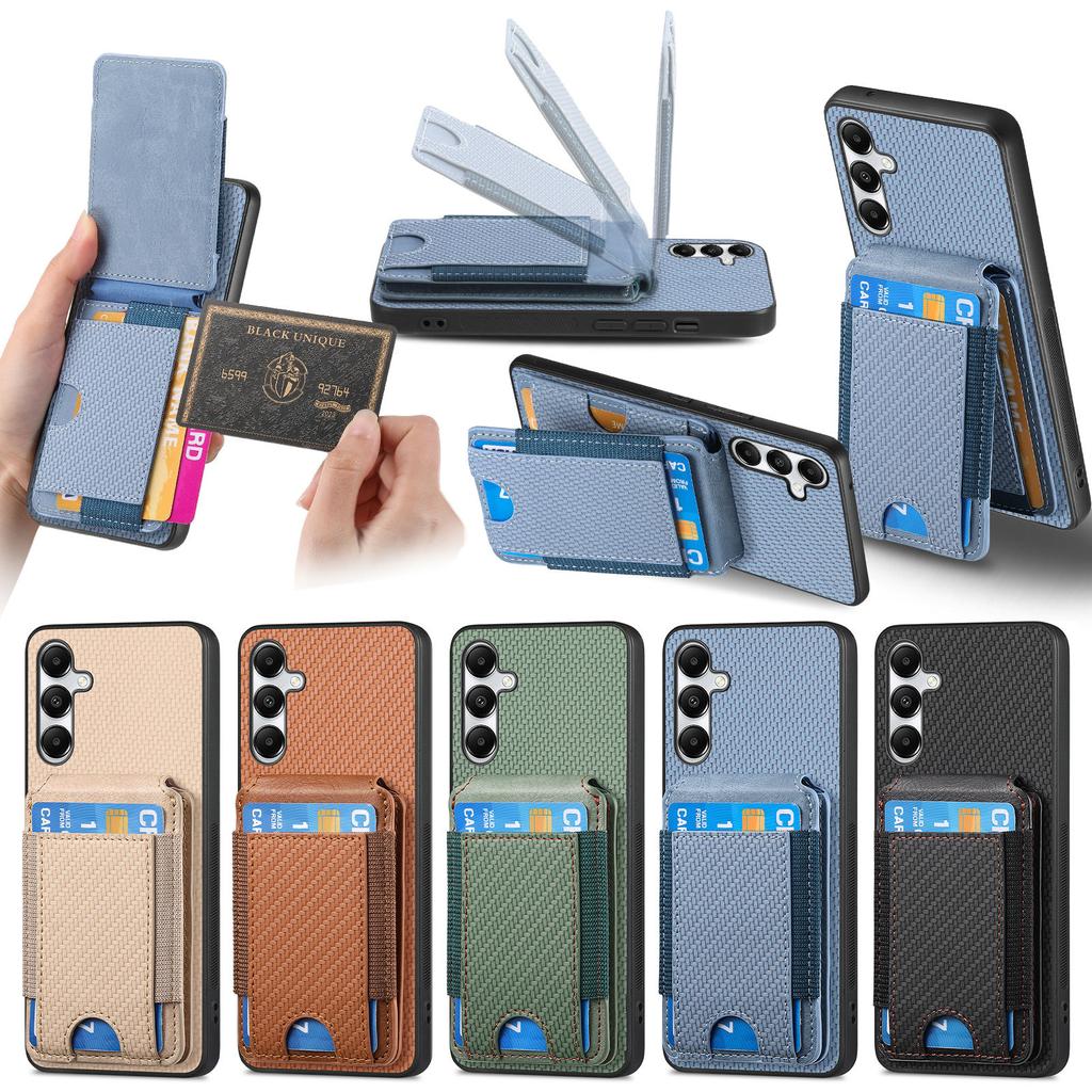 Vertical Cards Solt Wallet Case For Samsung S24 Ultra S23 Plus S22 S21 A15 A25 A35 A55 Carbon Fibre Magnetic Foldable Kickstand