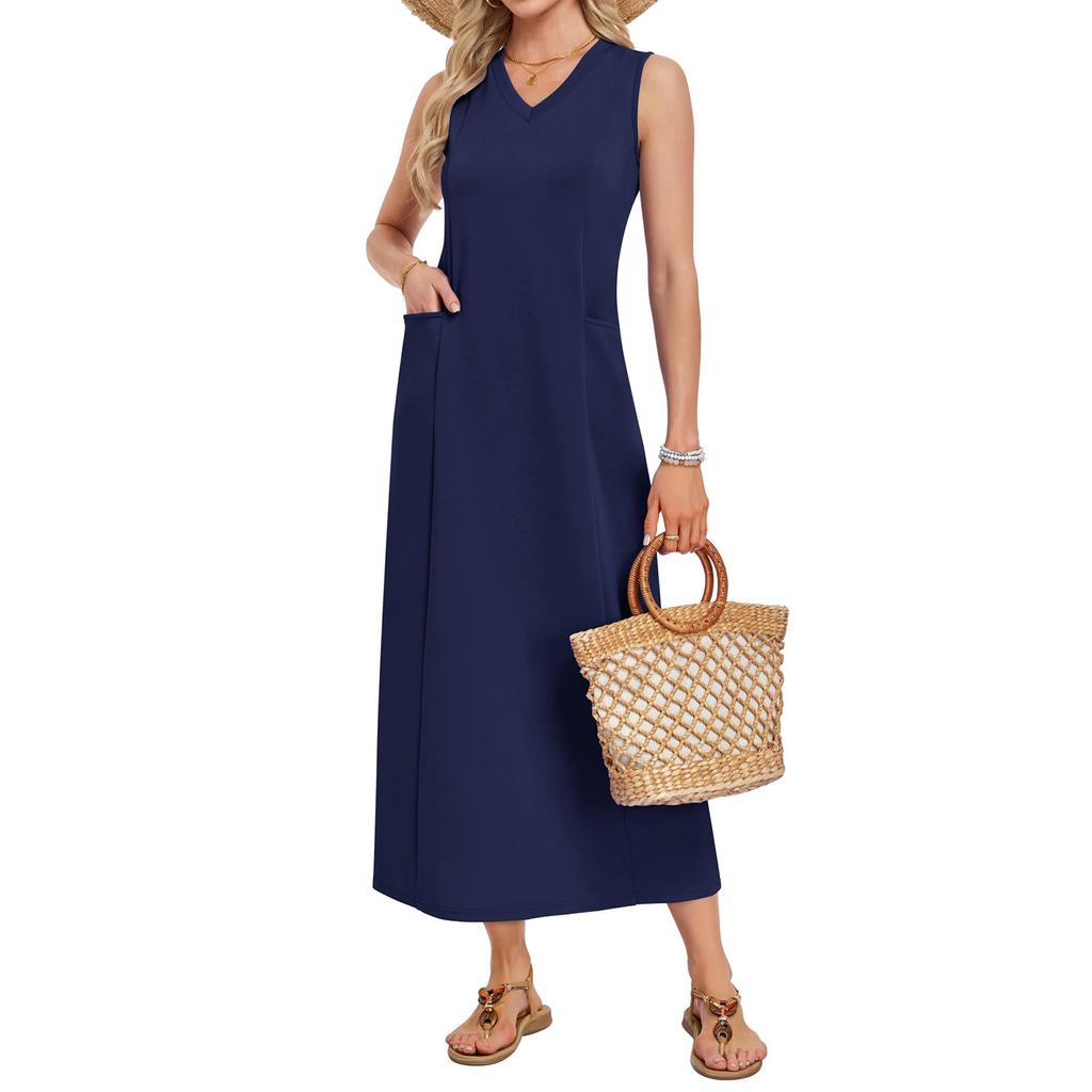 Women's Fashionable Color V Neck Sleeveless Vest Dress A-line Beach Dress