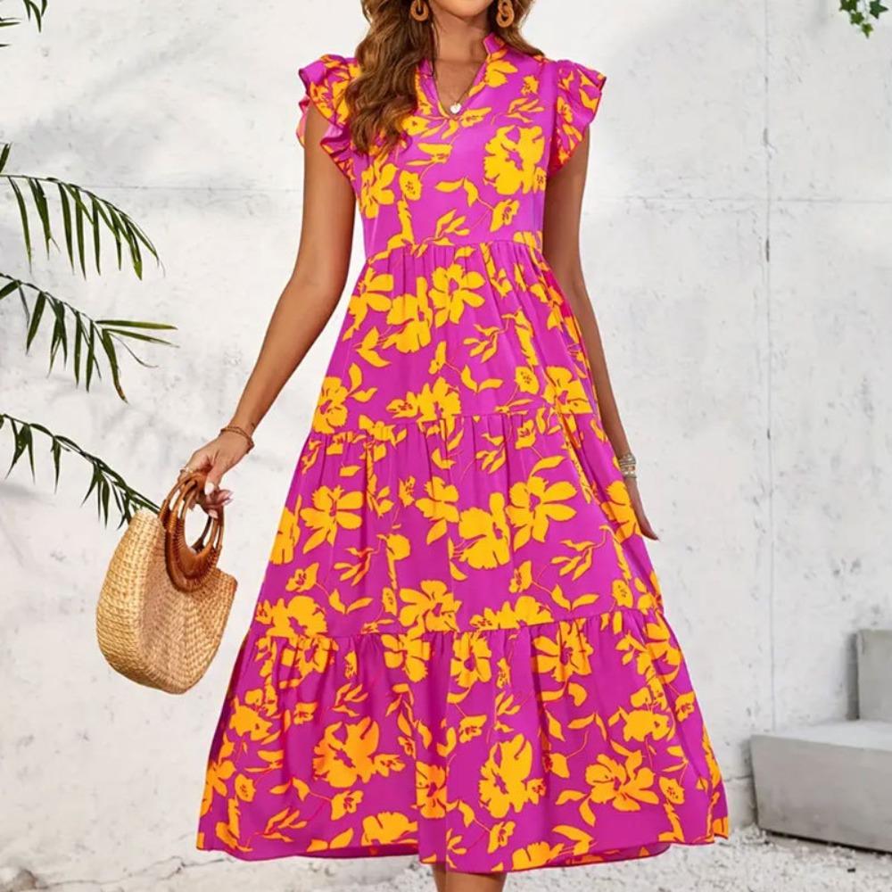 Women s new elegant romantic long ruffle edge cake dress holiday style sleeveless printed dress S