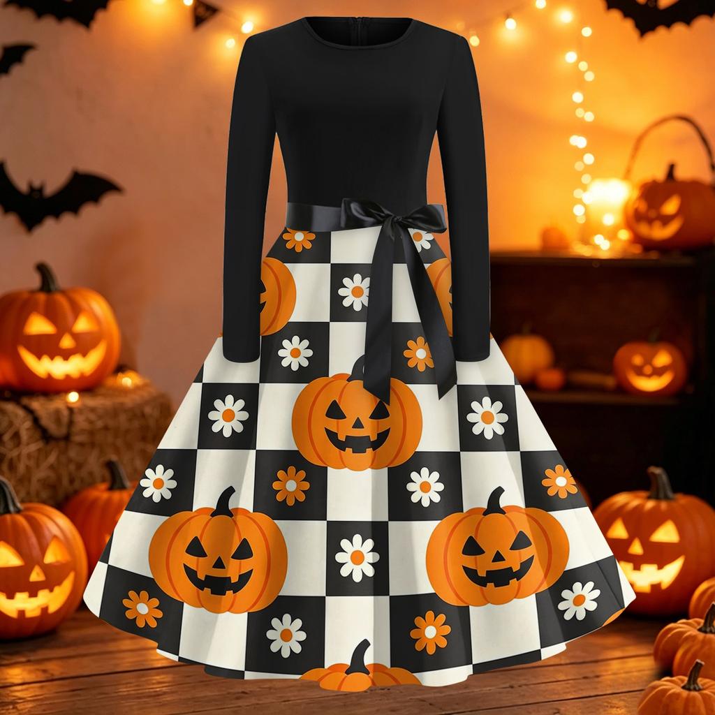Women's Casual Long Sleeve Fit and Flare Dress Round Neck Halloween Print Full Skirt Midi Dress with Waist Tie for Everyday Wear