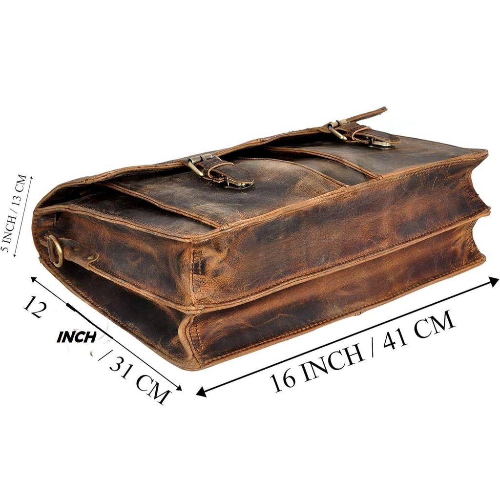 New 16"Inch Retro Buffalo Hunter Leather Laptop Messenger Briefcase Satchel Office Bag Gift Men & Women Unbreakable Shoulder