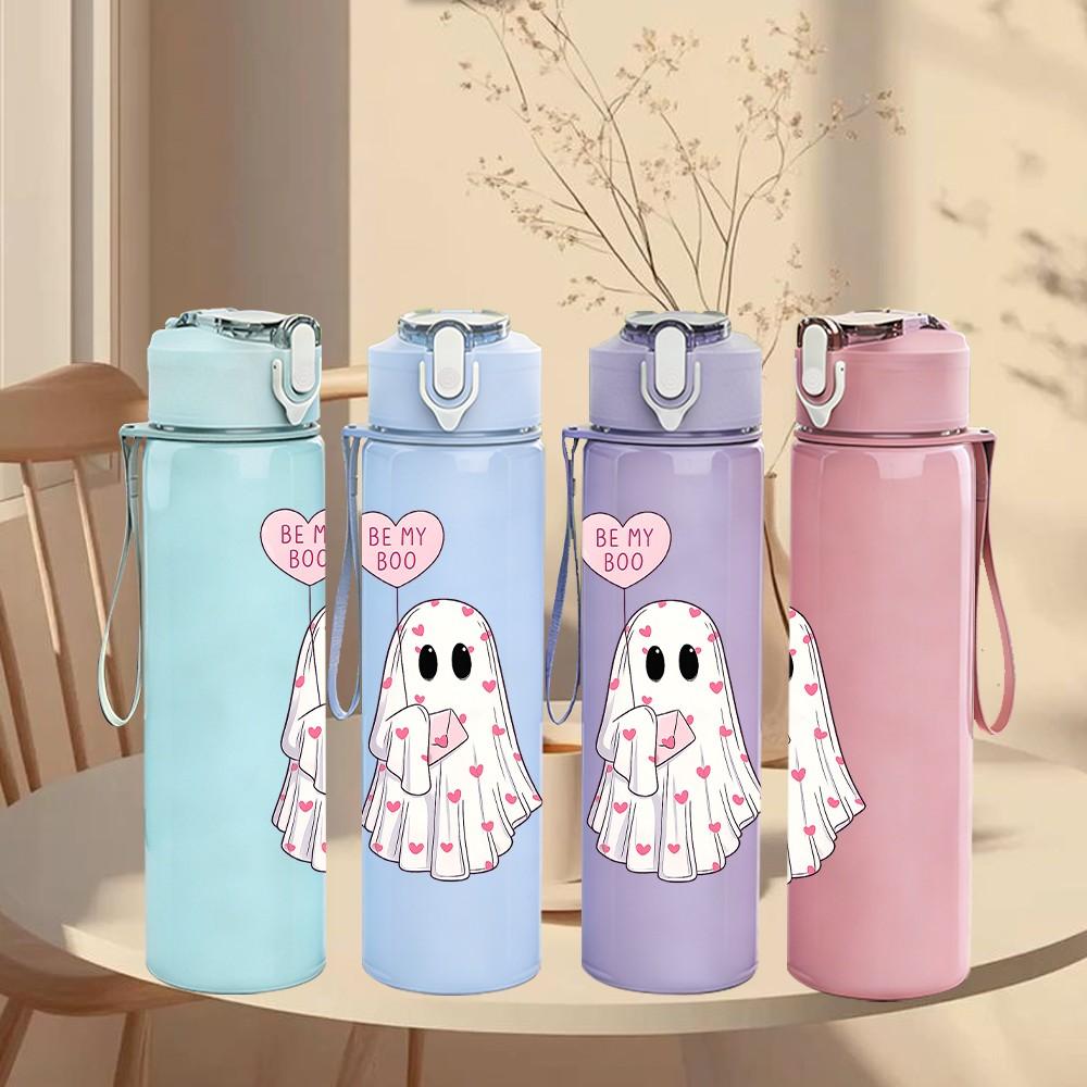 1PC Cute Ghost With Pink Heart Print 750ml Color Plastic Sports Water Bottle Leakproof Flip Straw Lid Suitable for Sports Office Home Use