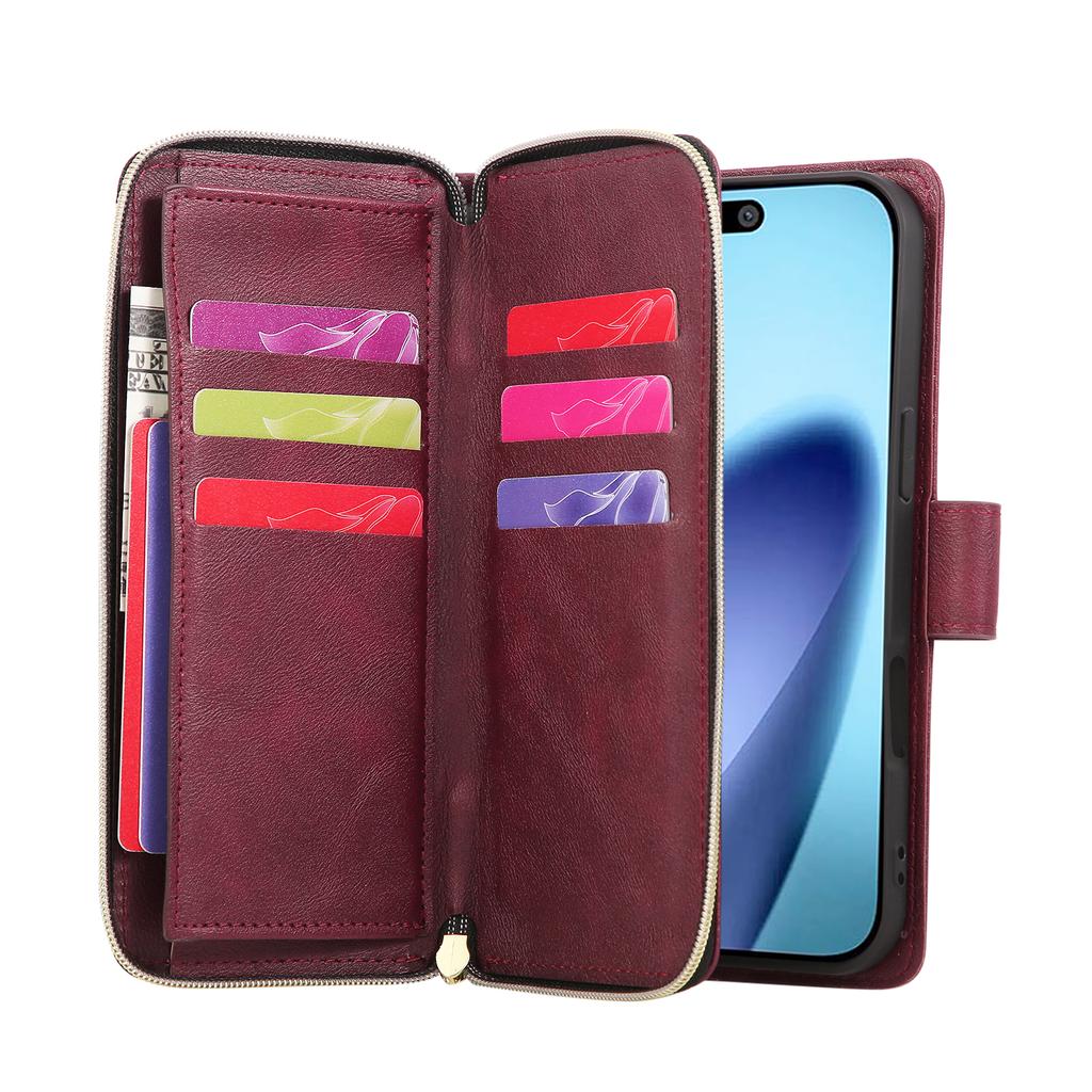 For iPhone 17 Air Case Zipper Pocket 9 Card Slots PU Leather Phone Cover with Hand Strap