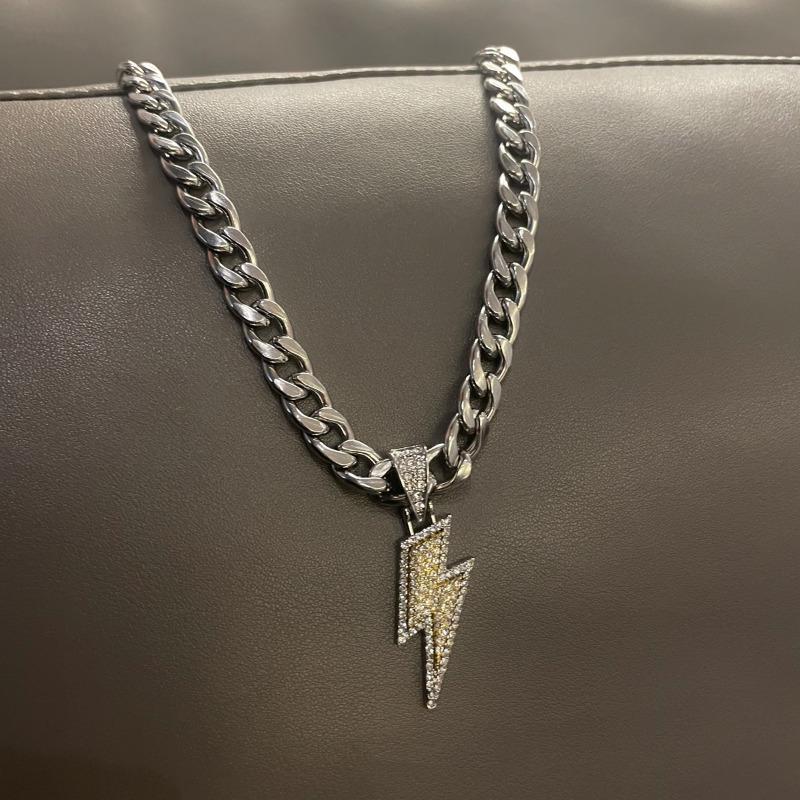 Hip Hop Zircon Lightning Pendants Necklace with Iced Out Miami Cuban Chain Rapper Party Wear Jewelry