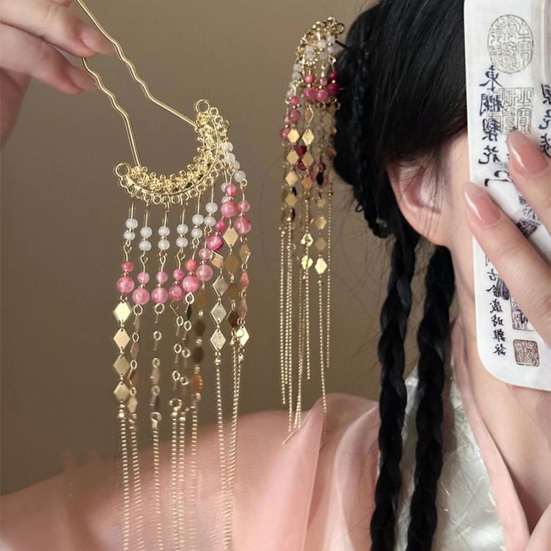 Retro Long Tassel U-Shaped Hairpin Women'S Chinese Style Hair Accessories Step-Vibrating Hairpin Hanfu Headwear