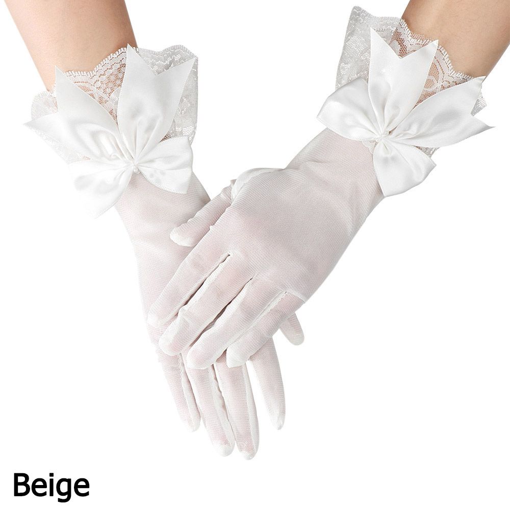 Women Chiffon White Bride Mittens Lace Gloves Driving Gloves Bow