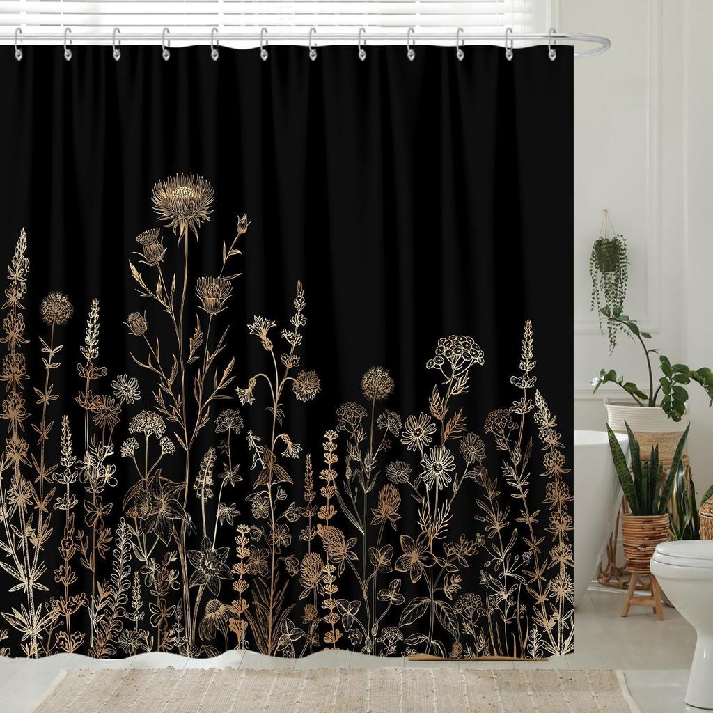 Vintage Black Gold Boho Shower Curtain, Dark Wildflower Botanical Print, Farmhouse Floral Art with Hooks