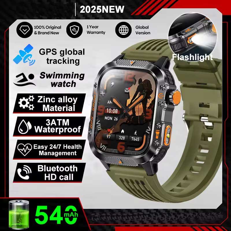Vojenské chytré hodinky s vestavěným GPS, kompasem, výškoměrem, vodotěsností 3ATM IP69K, AMOLED displejem, Bluetooth voláním, 2,01" chytré hodinky pro Android a iOS