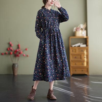 Autumn Ethnic Style Retro Artistic Cotton Linen Floral Loose Long Sleeved Dress for Women