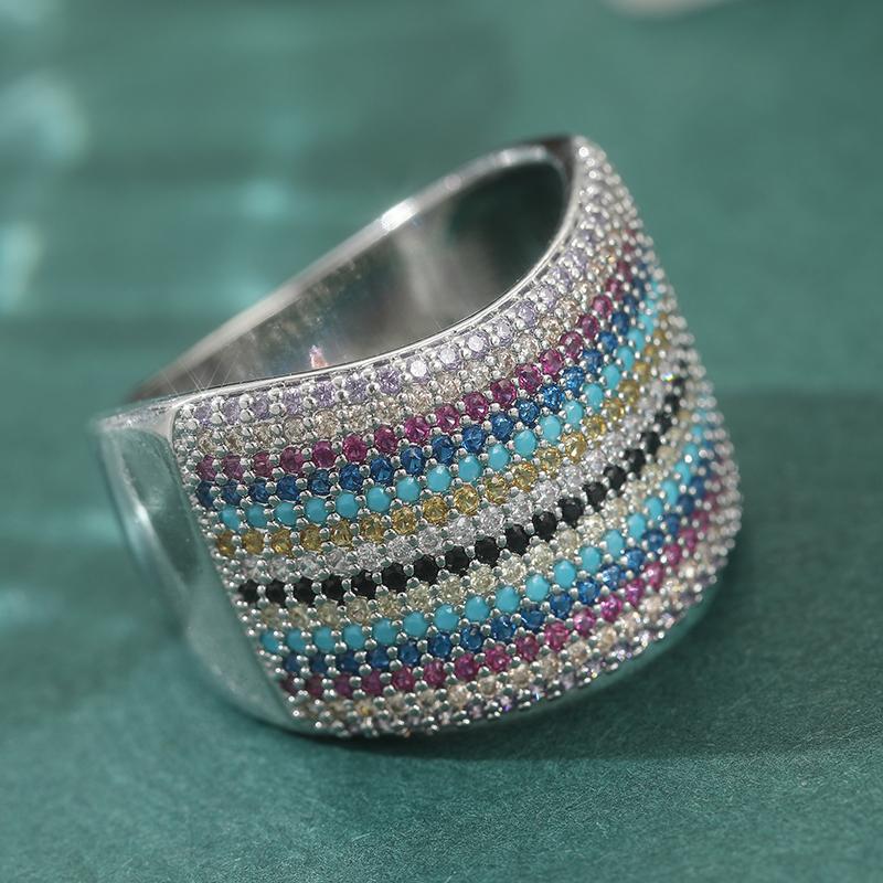 Dazzling Inlaid Multicolored CZ Women's Ring Trendy CopperColor Geometry Daily Wear Party Jewelry Anniversary Gift