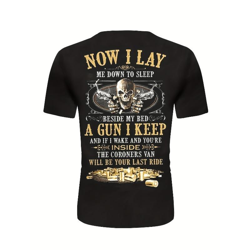 European sizes Men's Gothic "Now I Lay" Gun & Skull Print T-Shirt - -Inspired Back Print with Bullet Casings & Revolver Design