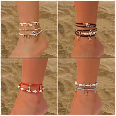 European & American Casual Beach Style 3-Piece Round Rice Bead Anklet Set with Water Drop Coin Acrylic Design