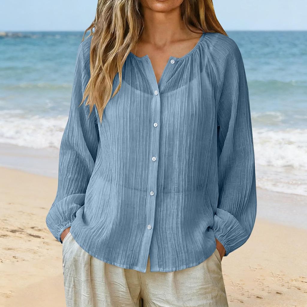 Women’s Long Sleeve Loose Fit Button Down Blouse Lightweight Pleated Top Casual Shirt for Daily Wear