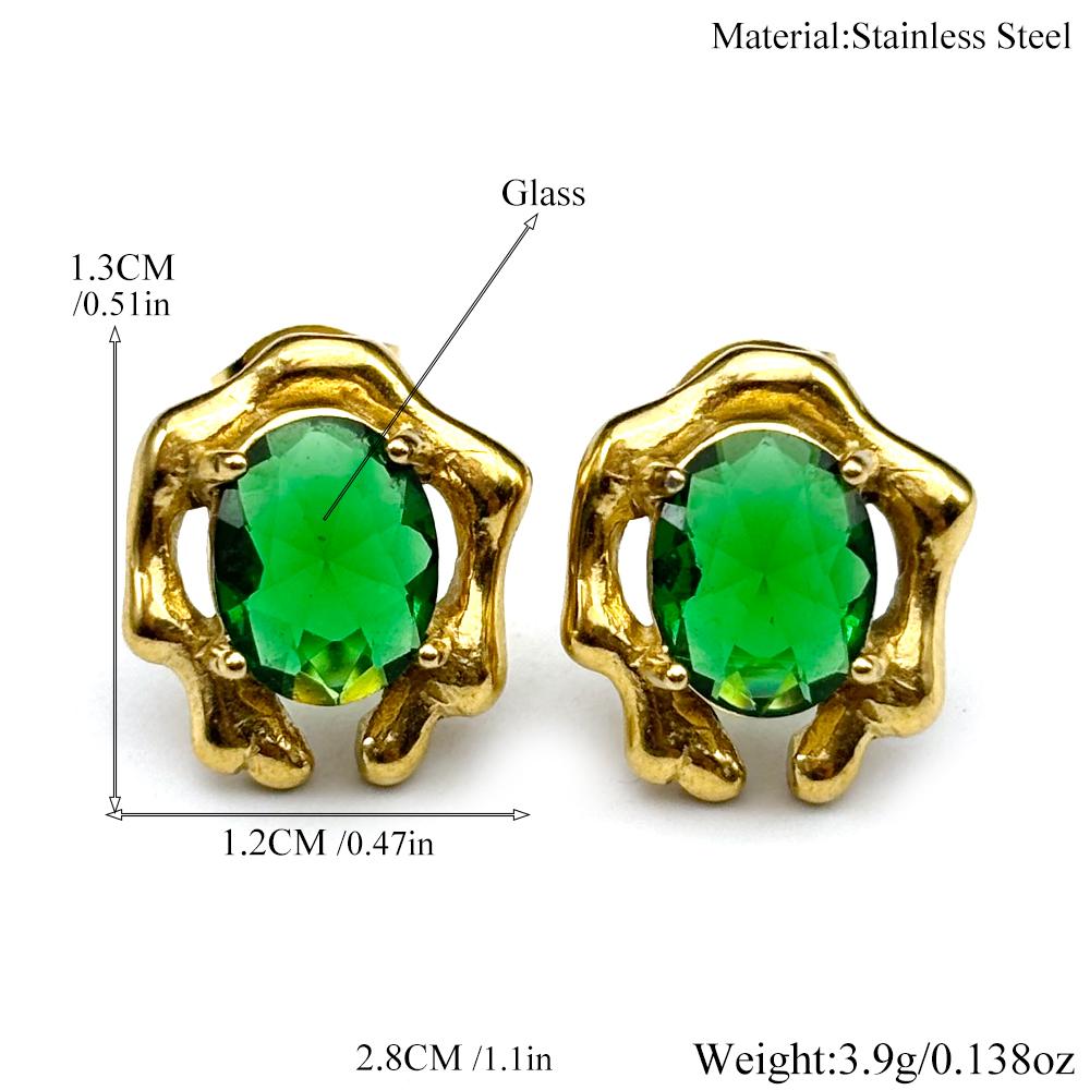 Vintage Gold Color Stainless Steel Green Glass Geometric Stud Earrings for Women Men Irregular Ear Studs Statement Jewelry Gift