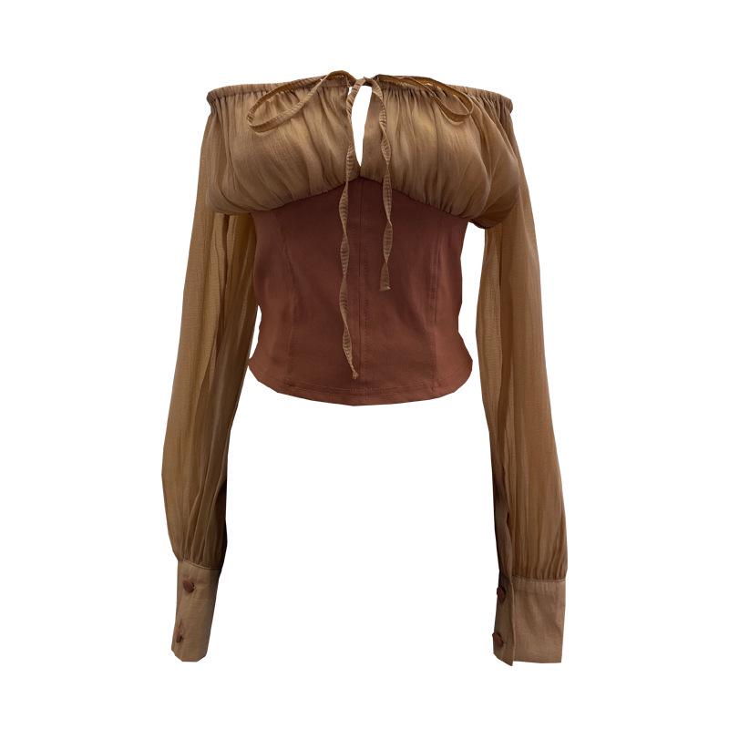 Women s Lace-Up One-Shoulder See-Through Chiffon Patchwork Top One Size хаки