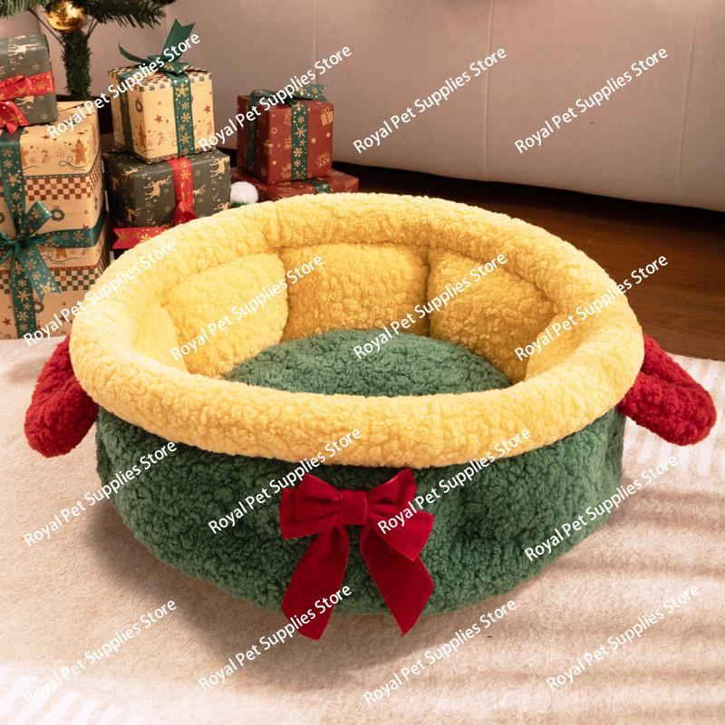 Cat and dog Christmas nest cat Christmas nest small dog semi-closed winter thickened warm Christmas pet nest mat