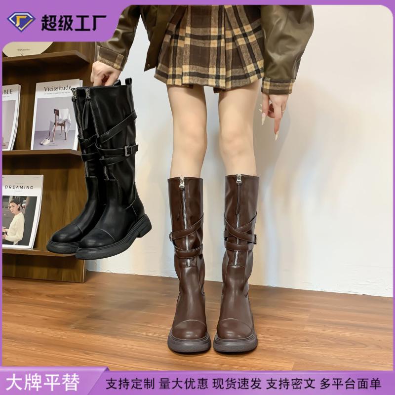 Grape Mom Long Knight Boots Belt Buckle Pleated Pile Boots Front Zipper Internet Celebrity Soft Leather Skinny Boots Platform Women's Boots