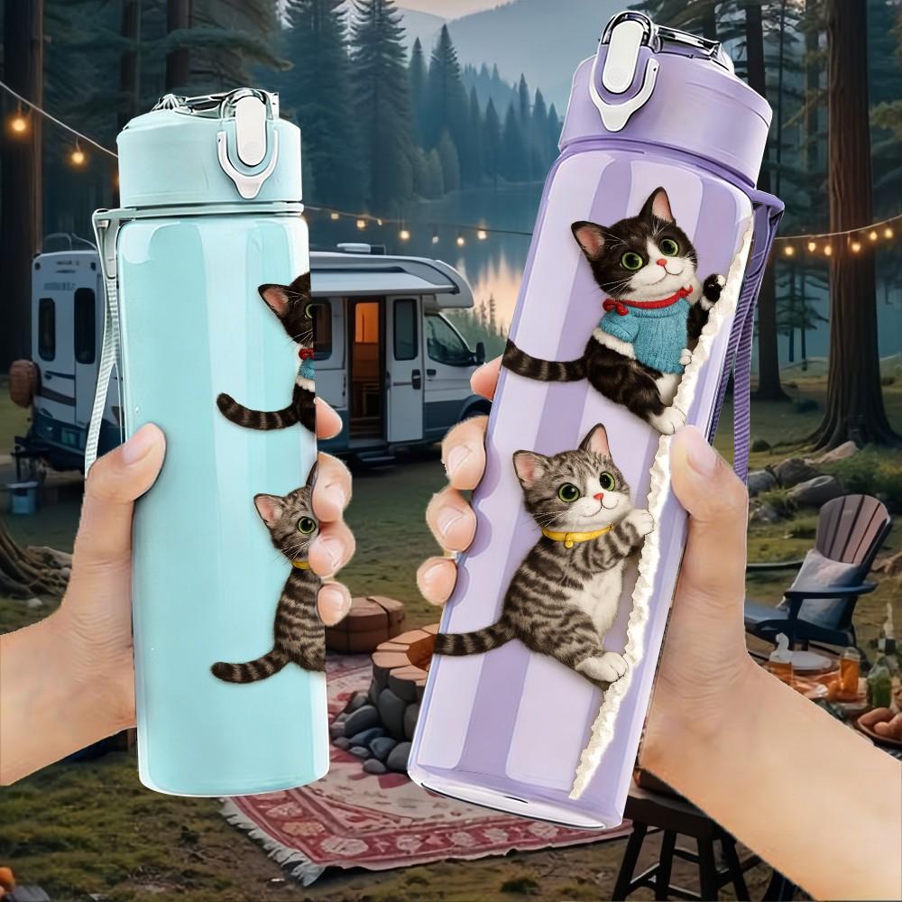 1PC Cat Climbing Up Vertical Wall Print 750ml Color Plastic Sports Water Bottle Leakproof Flip Straw Lid Suitable for Sports Office Home Use