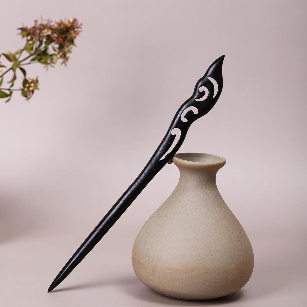 Vintage Ebony Wood Hairpin: Auspicious Clouds Design for Elegant Updos