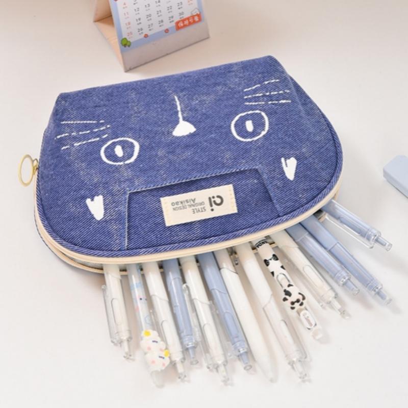 Pisică desen animat drăguță etui de creioane Geantă de papetărie din denim Geantă de depozitare pentru rechizite școlare de mare capacitate pentru studenți Etui multifuncțional