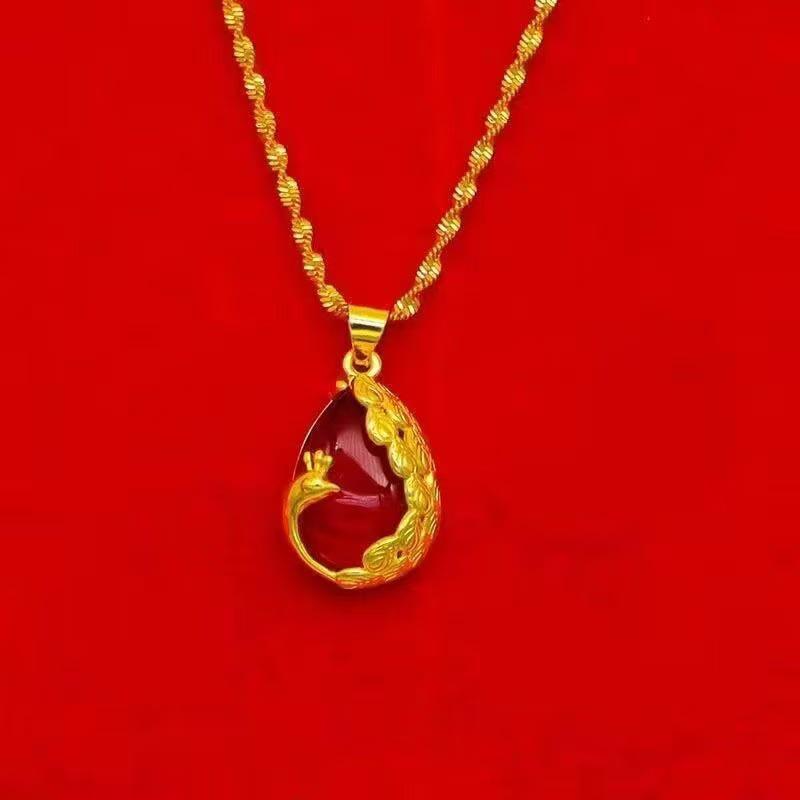 Red & Gold Phoenix Water Wave Chain Chalcedony Pendant Necklace for Women