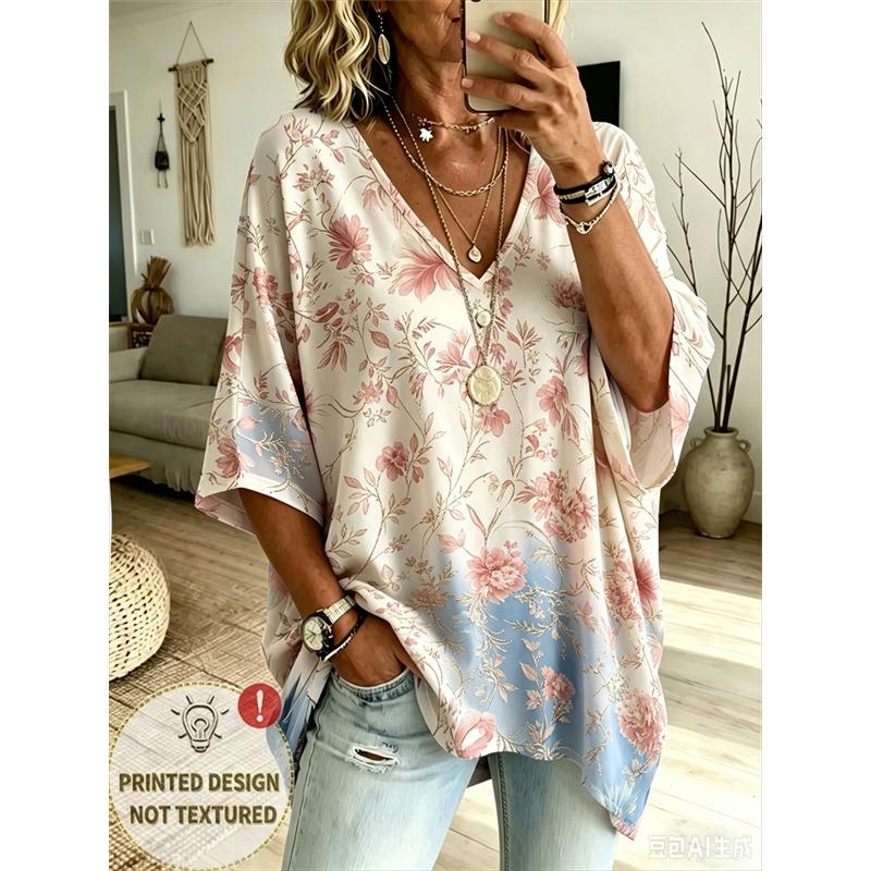 T-shirt da Donna Taglie Forti con Scollo a V e Maniche a Pipistrello Stampa Etnica Bohemien Top Largo Estivo Comodo Traspirante per il Pendolarismo Quotidiano Casual