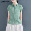 Women's Clothing Vintage Simple Casual Cotton Linen Button Up Shirt Summer Fashion Solid Short Sleeve Blouse Loose Tops Blusas