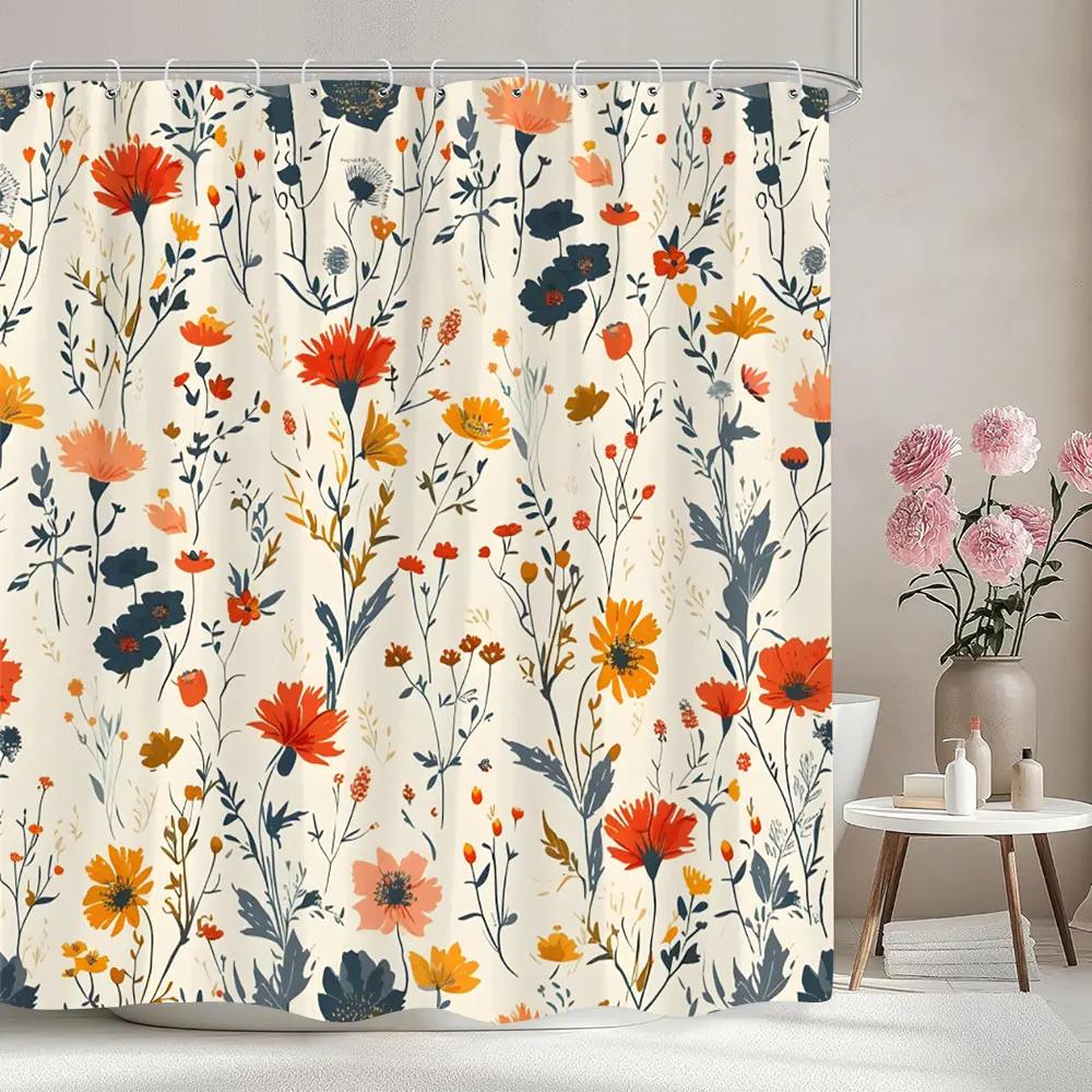 Vintage Floral Shower Curtain Colourful Flower Watercolour Flower Artist Home Polyester Fabric Shower Curtains Bathroom Decor 90x180cm
