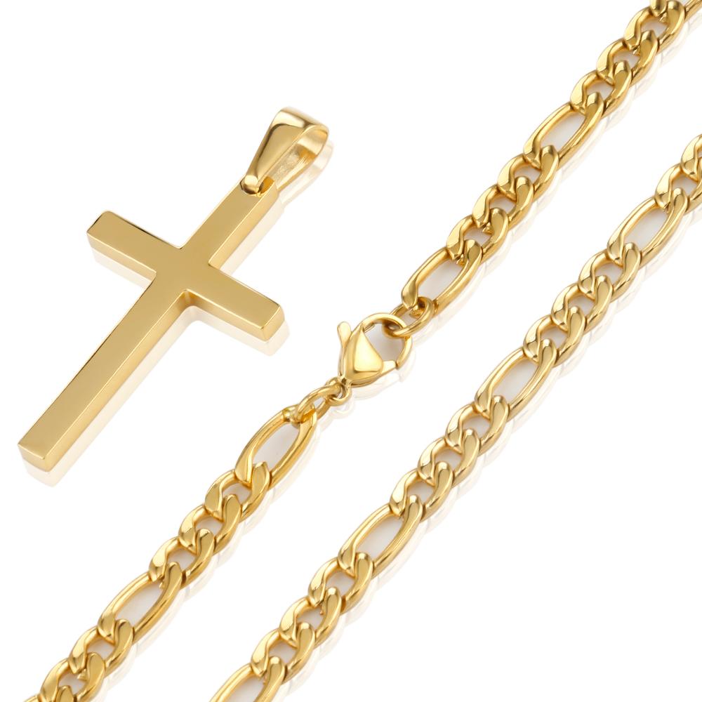 316L Stainless Steel Figaro Chain Necklace for Men Women Gold/ Silver Color Cross Pendant Waterproof Necklaces Fashion Jewelry