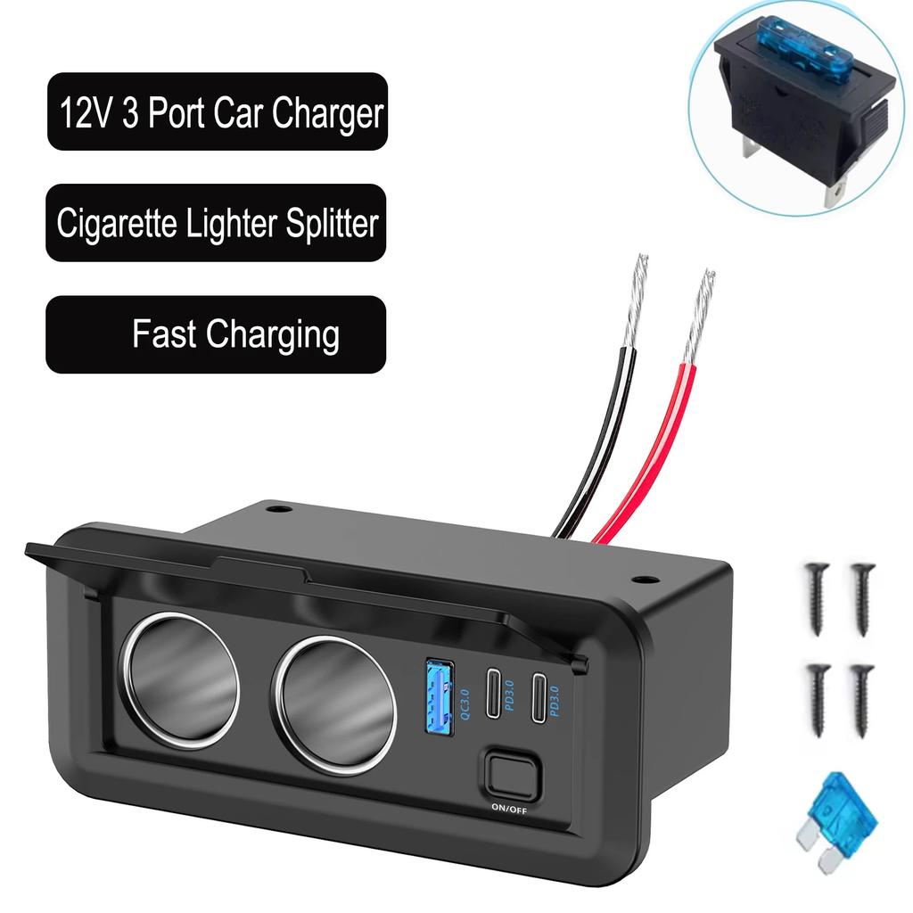 NEW 12V QC3.0 & Dual PD3.0 Car Power Socket Outlets USB Charger Power Adapter with Switch for Cars, Boats, RVs Trucks, ATVs, and UTVs