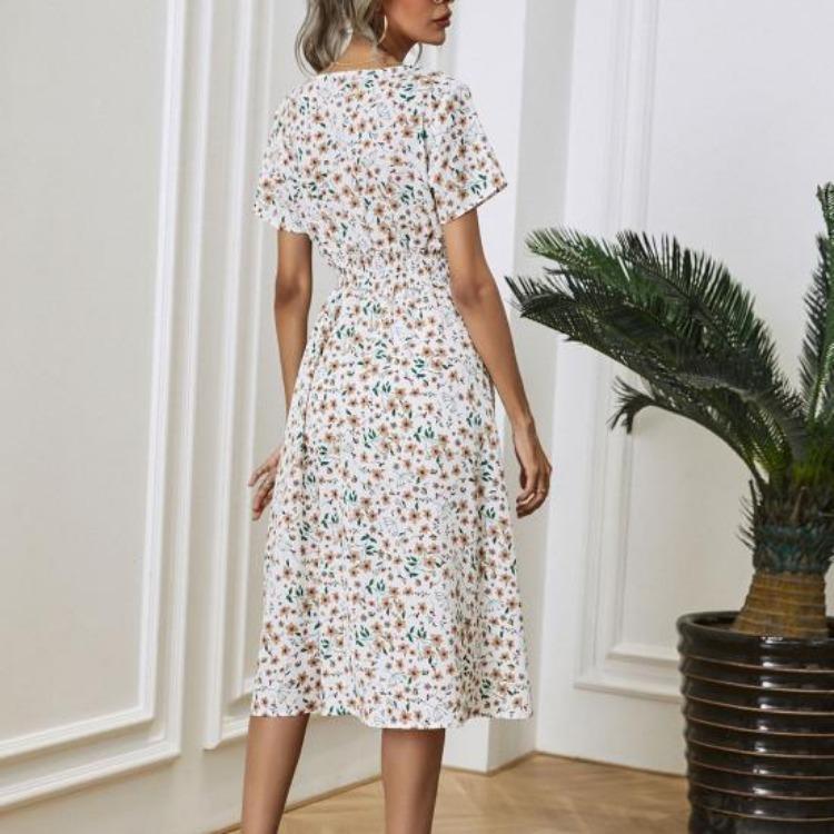 Summer Vacation Floral Print V Neck Loose Dress for Ladies