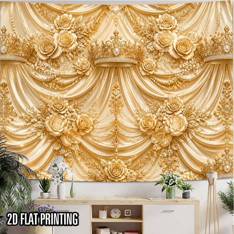 2D Flat, 2D Flat Print 1pc Tapestry Golden Rose Royal Drapery Wall Hanging, Elegant Luxury Home Decor Themed Party Banner Suitable for Family Parties,