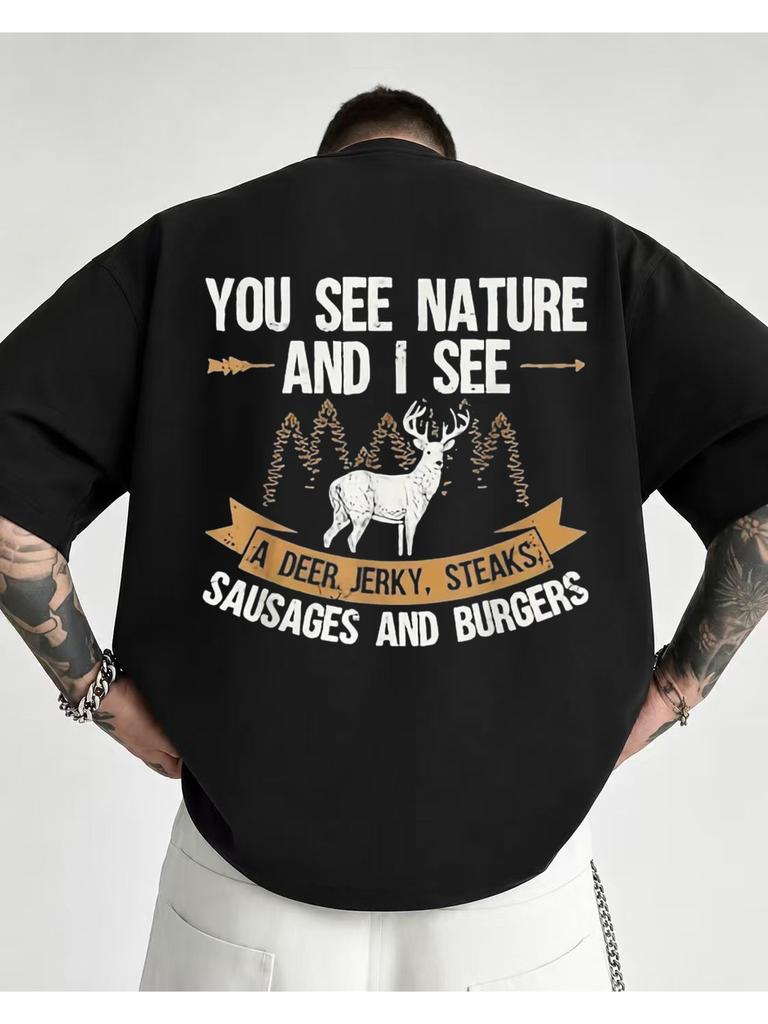 1pc Male Graphic T Shirt Funny Hunting Humor Deer Jerky Steaks Sausages And Burgers Print Short Sleeve Crew Neck for Teenagers, for Teenager