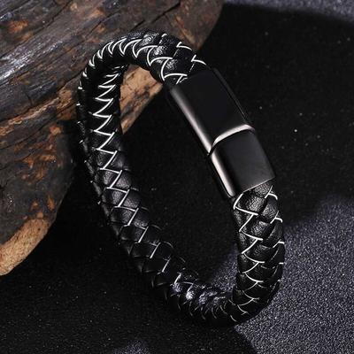New Punk Men Jewelry Black White Braided Leather Bracelet Stainless Steel Magnetic Clasp Fashion Bangles Wrap Bracelet BB1083