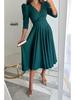 Autumn V-neck Waist-Cinching Bubble Sleeve Swing Dress