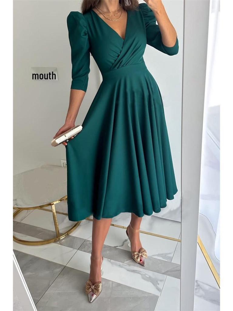 Autumn V-neck Waist-Cinching Bubble Sleeve Swing Dress