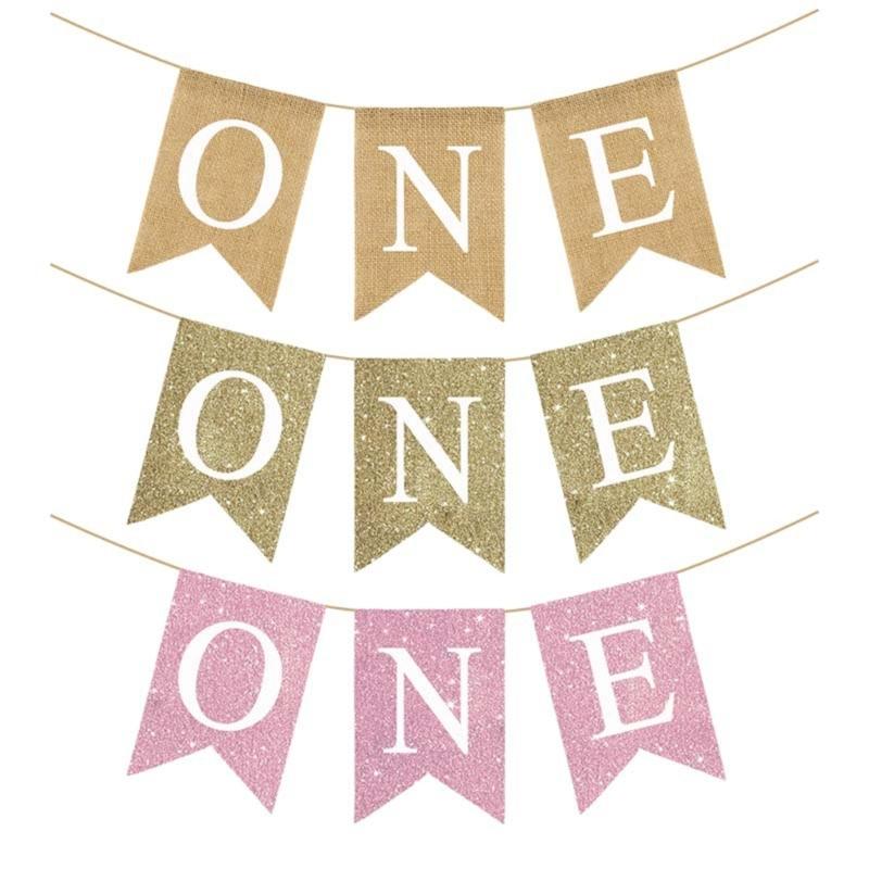 Adorable First Birthday Pennant Banners Burlap Highchair Swallowtail Flag Jewelry for Baby Photo Shoots and Parties